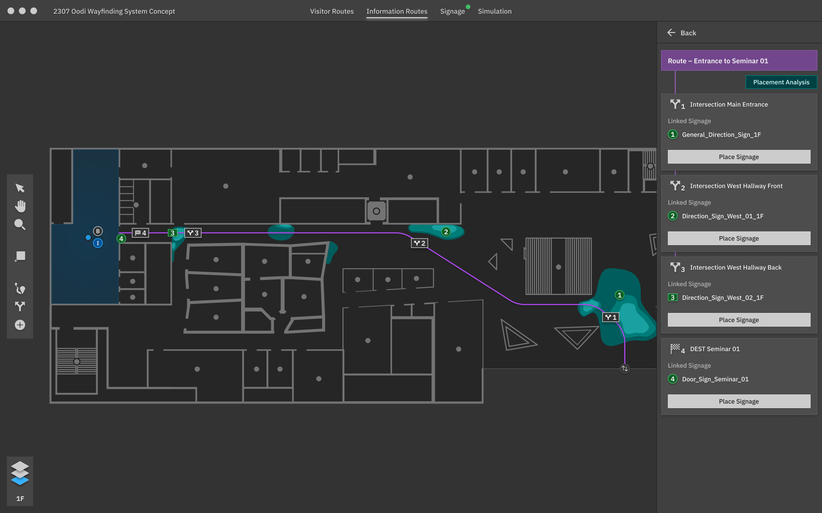 Application view with list of signs along a route in the sidebar.