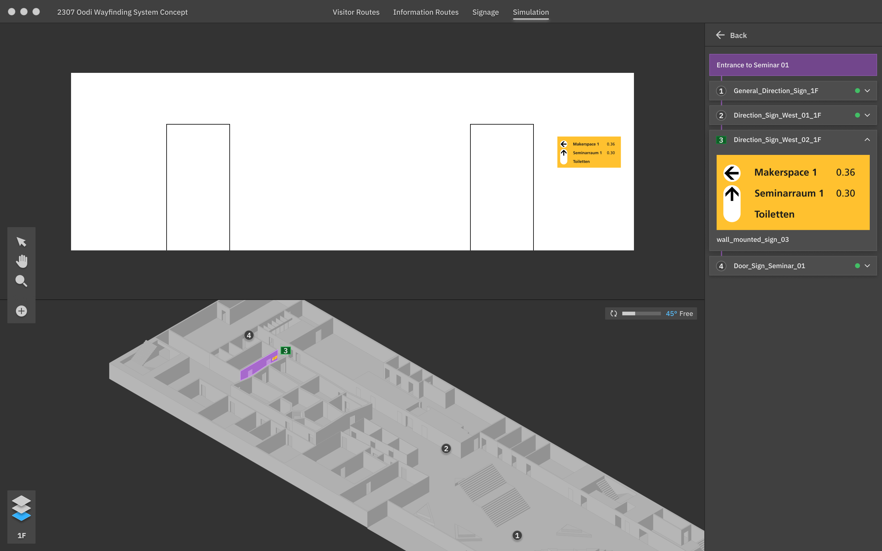 Simulate wayfinding designs with a built-in 3D view of a site.