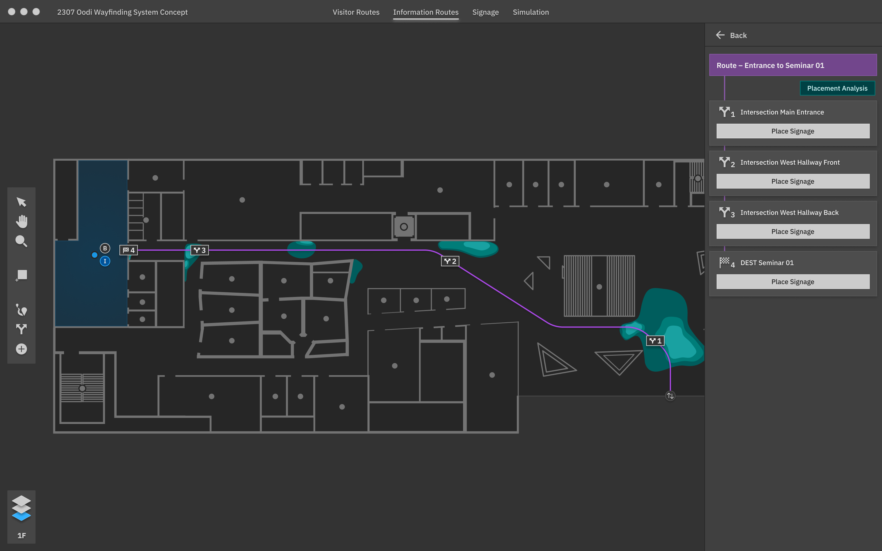 Selected route in man view, list of decision points in sidebar